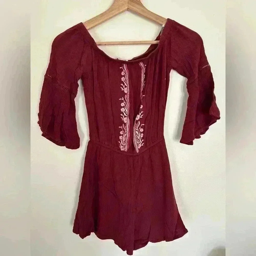 Love Fire Boho Romper XS Maroon Burgundy Festival One Piece Jumpsuit